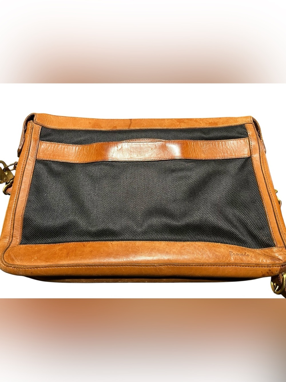 Vintage Bravado Leather Canvas Messenger Crossbody Satchel Bag Brass 17x12 - Picture 2 of 11